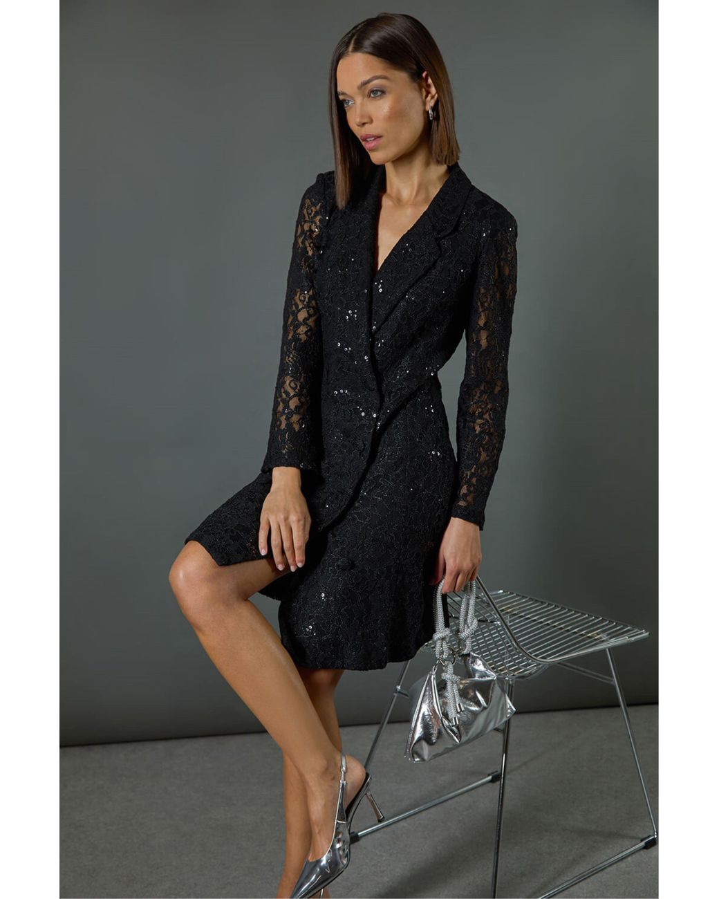 Roman Black Sequin Lace Blazer Dress