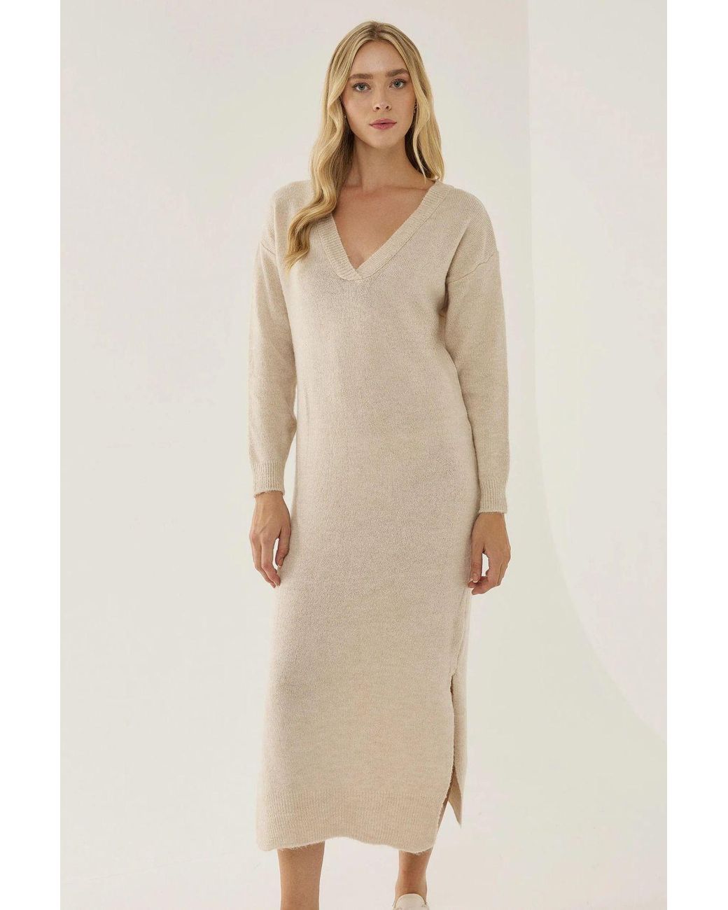 Hiccup Natural Relaxed Fit V-Neck Midi Knit Dress