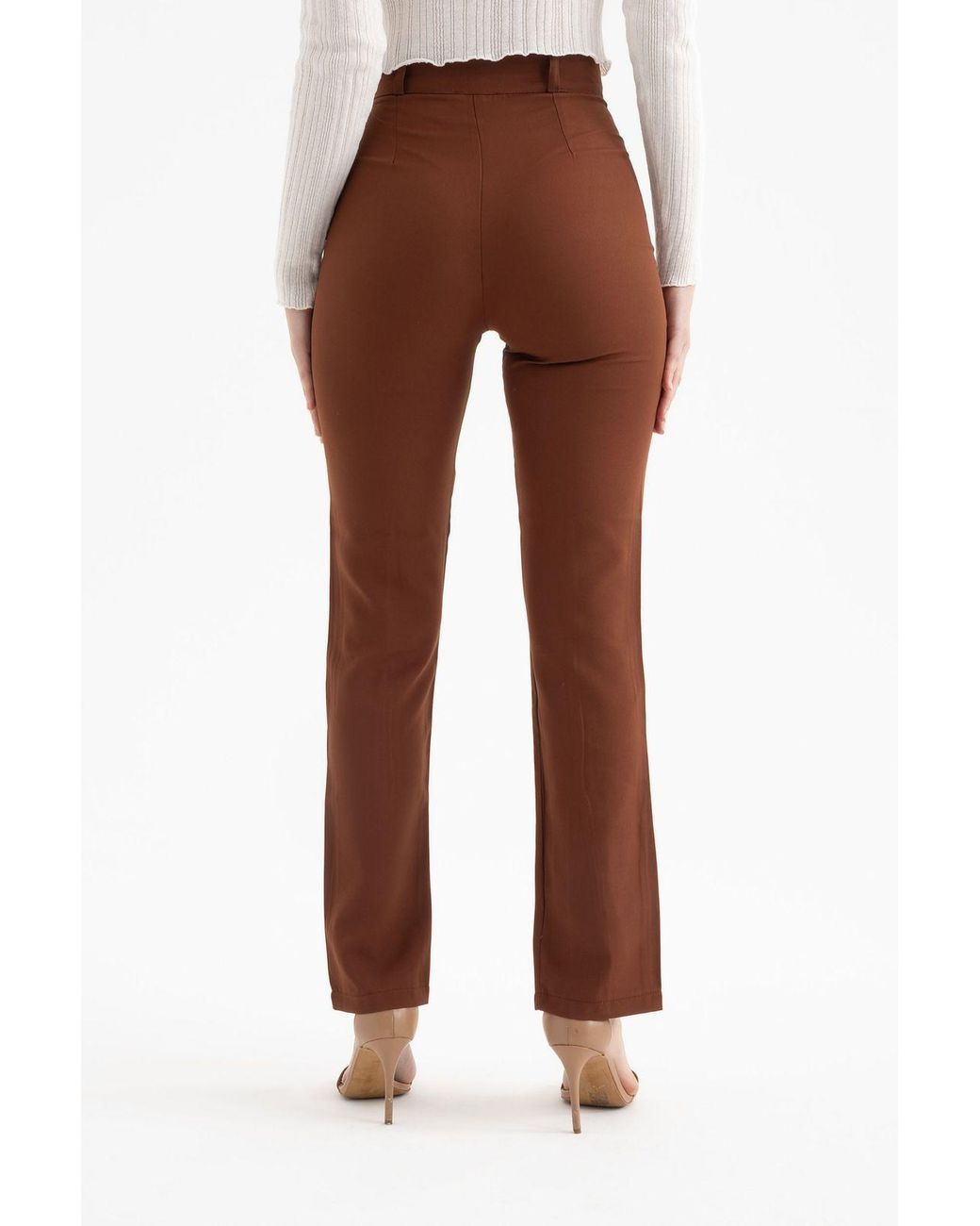 Hiccup Brown High Waist Slit Straight Leg Trousers