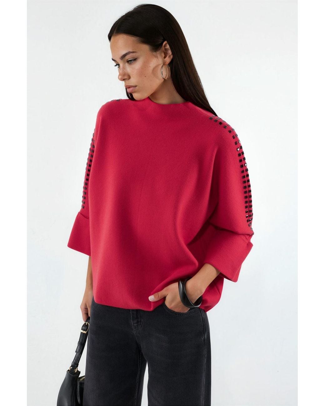Hiccup Red Mock Neck Knit Sweater With Stone Accessory Detail