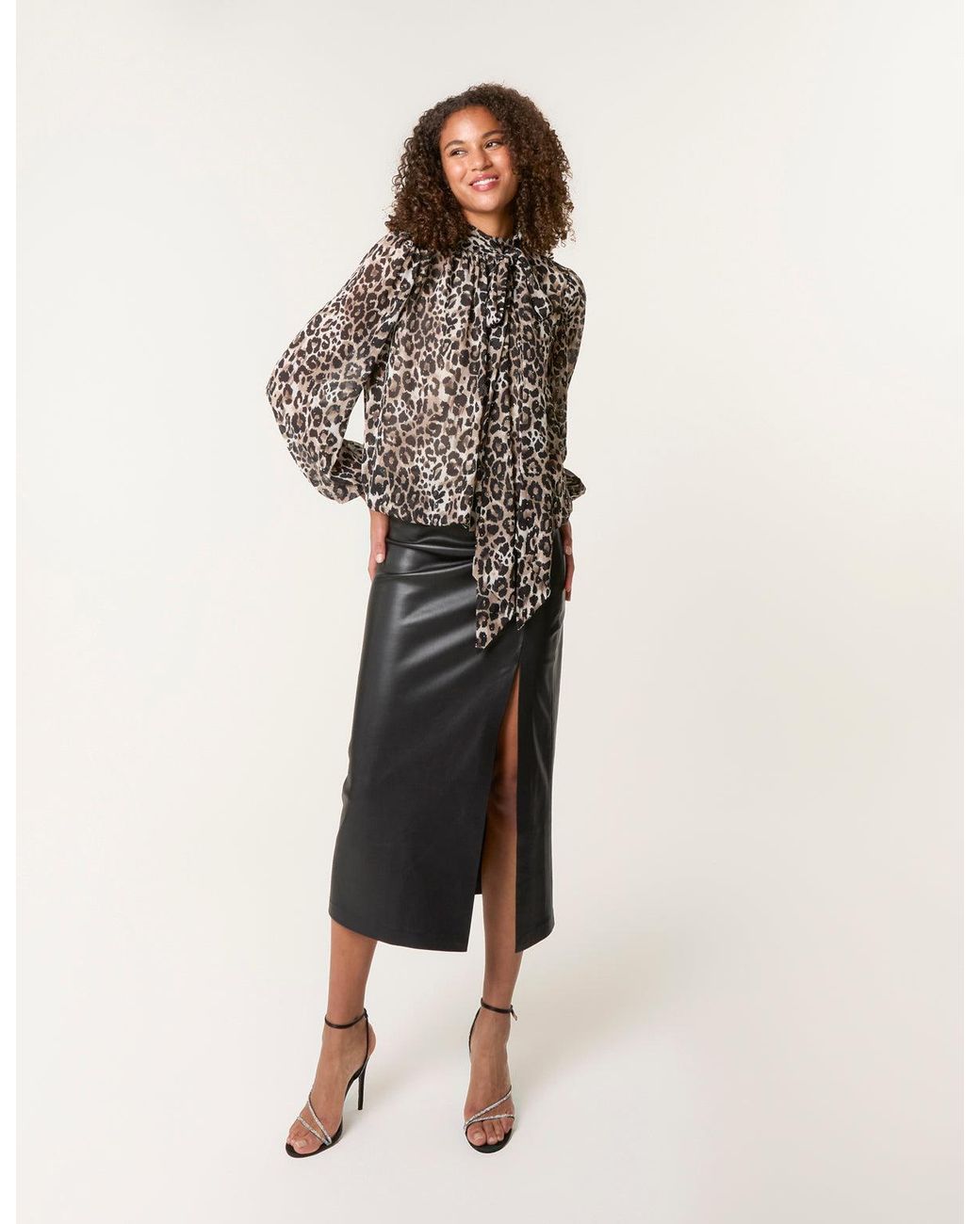 Blue Vanilla Natural Leopard Print Tie Neck Pussybow Studded Puffball Top