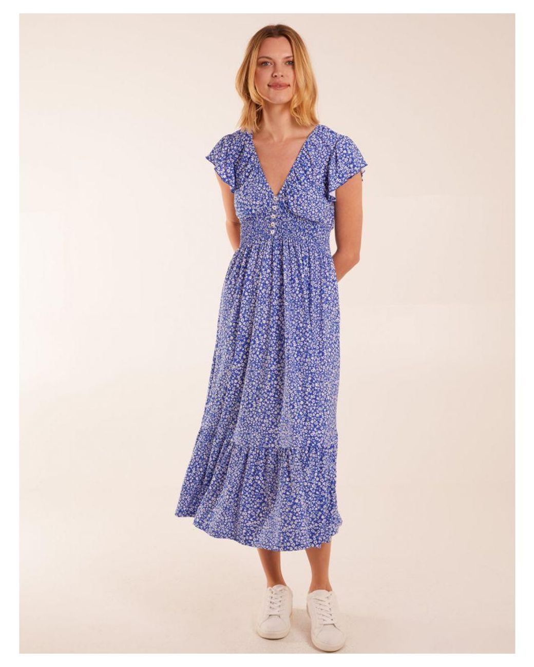 Blue Vanilla Green Ditsy Floral V Neck Button Front Midi Dress