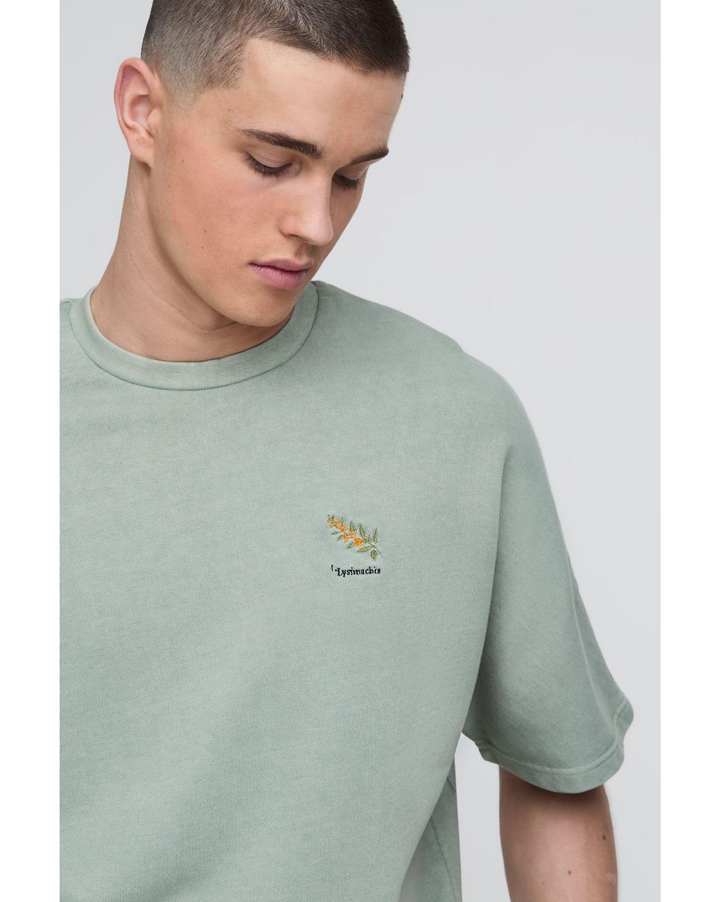 BoohooMAN Green Oversized Washed Embroidered Boxy T-Shirt for men