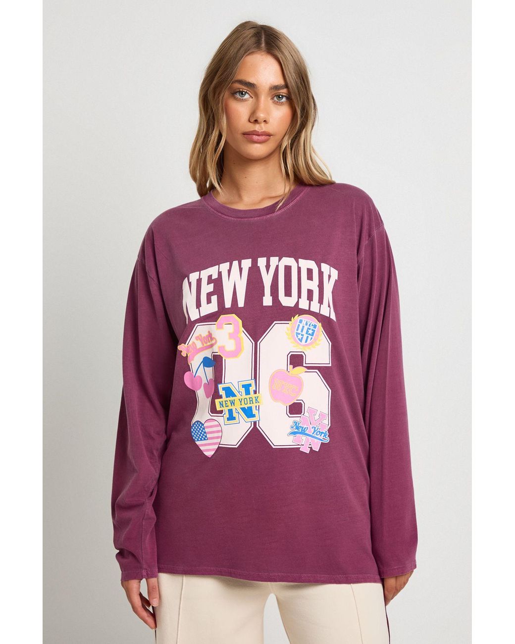 Boohoo Pink Stickered Varsity Printed Oversized Long Sleeve T-Shirt