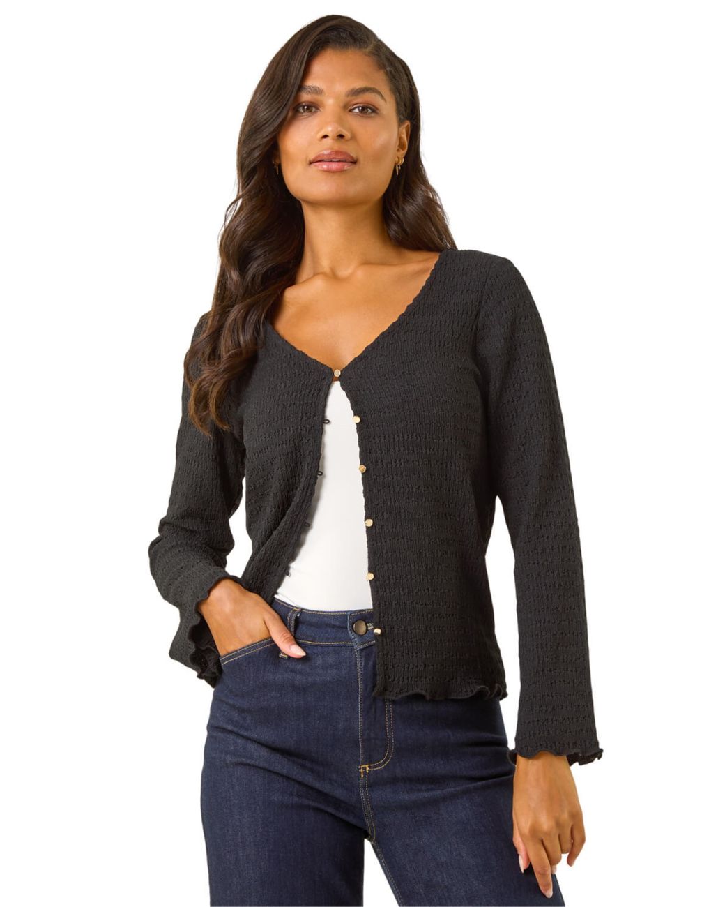 Roman Black Textured V-Neck Blouse