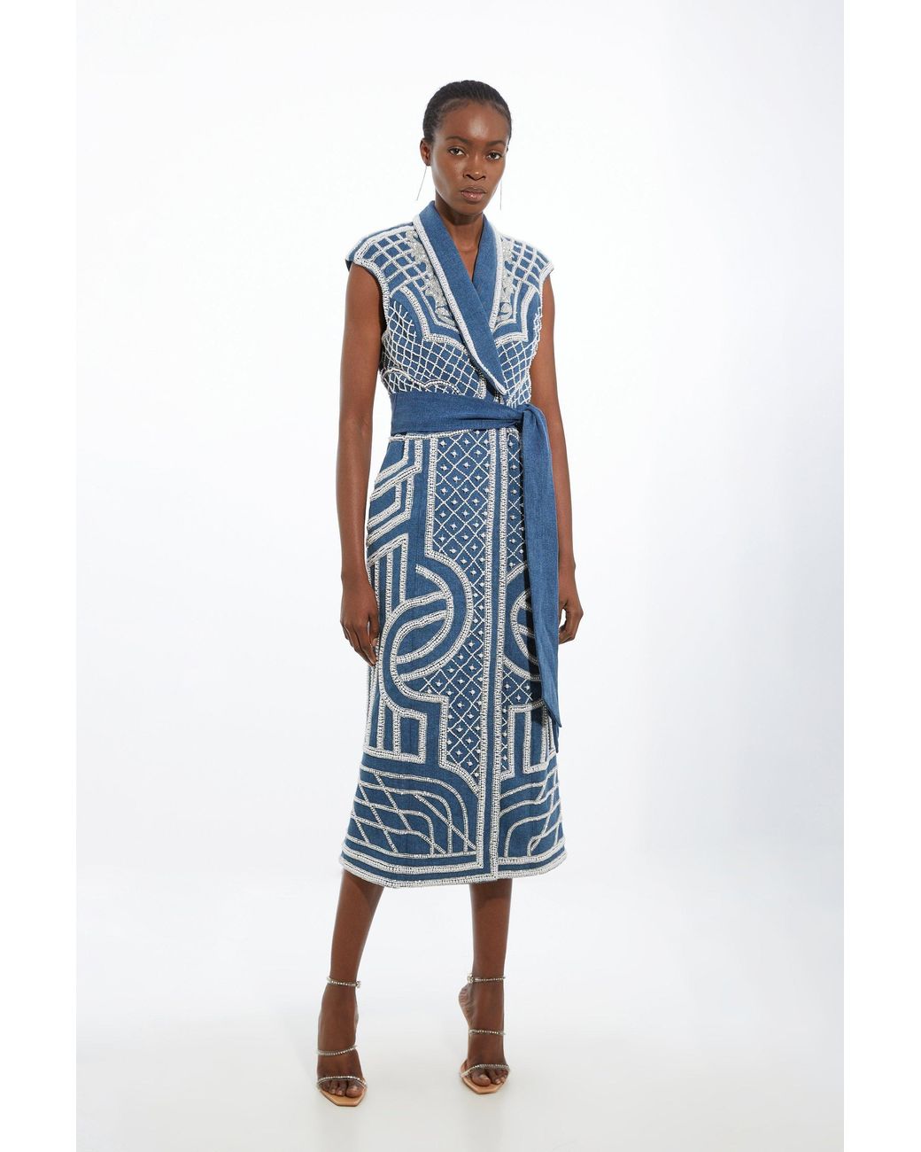 Karen Millen Blue Petite Premium Pearl Embellished Denim Woven Blazer Midi Dress