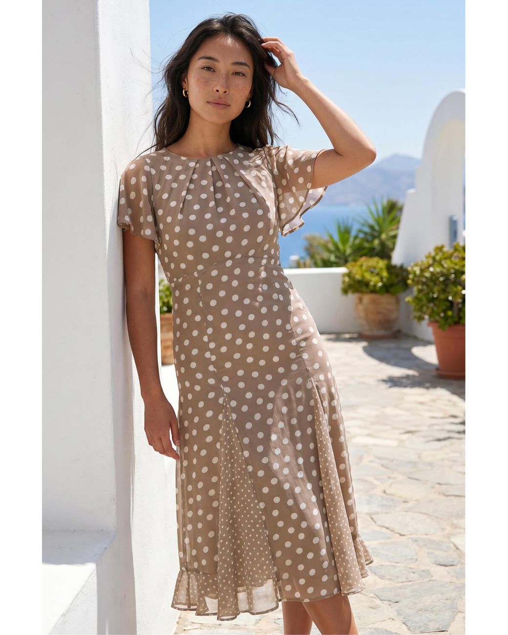 Roman Multicolor Petite Spot Print Godet Hem Midi Dress