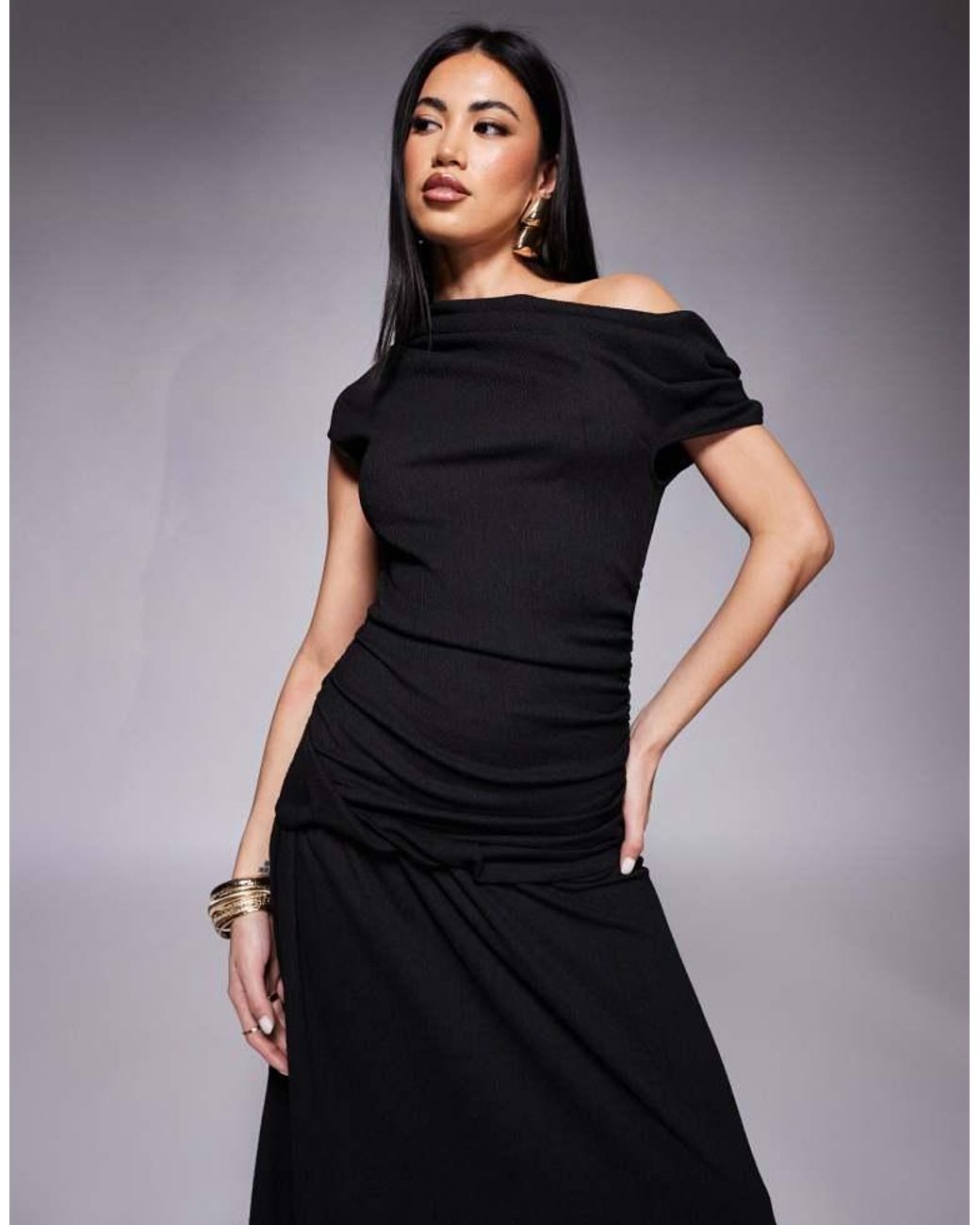 ASOS Blue Fallen Shoulder Ruched Asym Waist Midi Dress