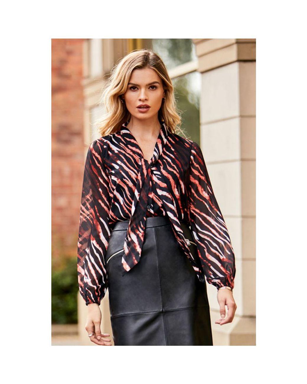Sosandar Red Chic Print Tie Neck Blouse