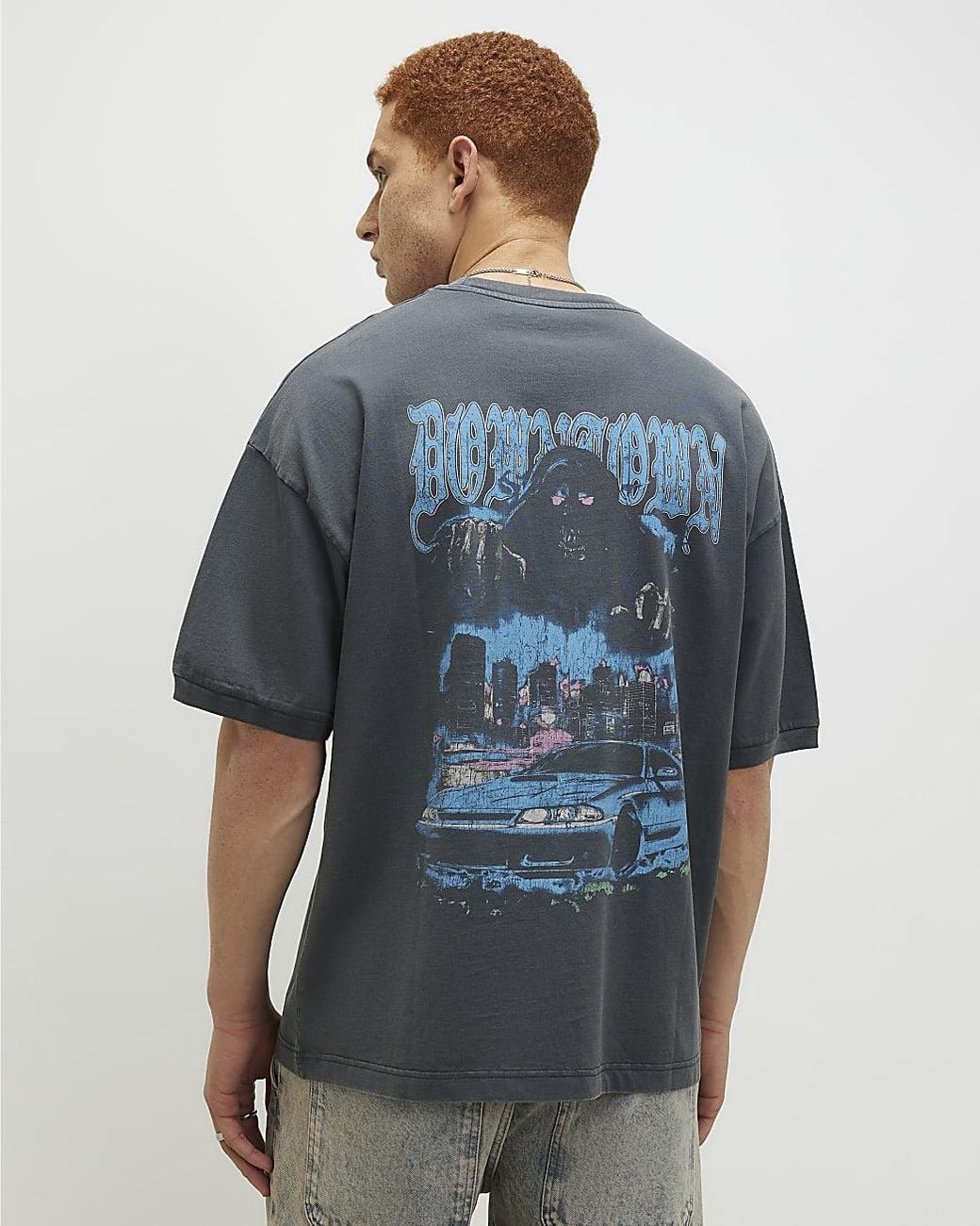 River Island Gray T-Shirt Oversized Fit Washed Downtown for men