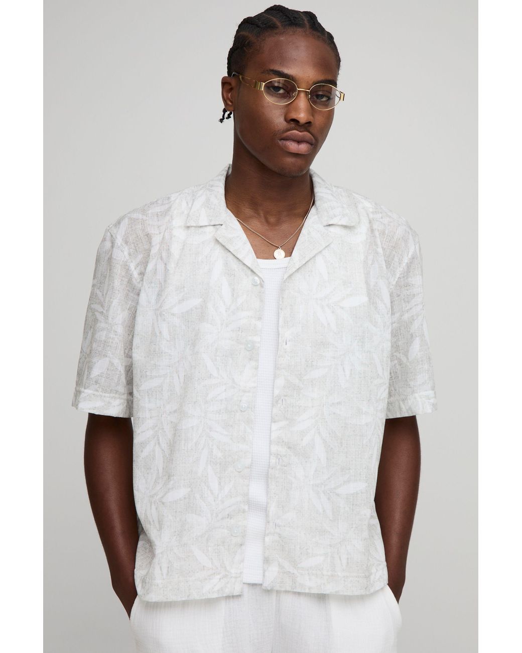 Boohoo White Oversized Leaf Slub Revere Shirt for men