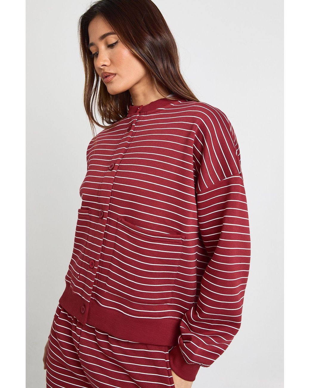Boohoo Red Stripe High Neck Cardigan Sweatshirt