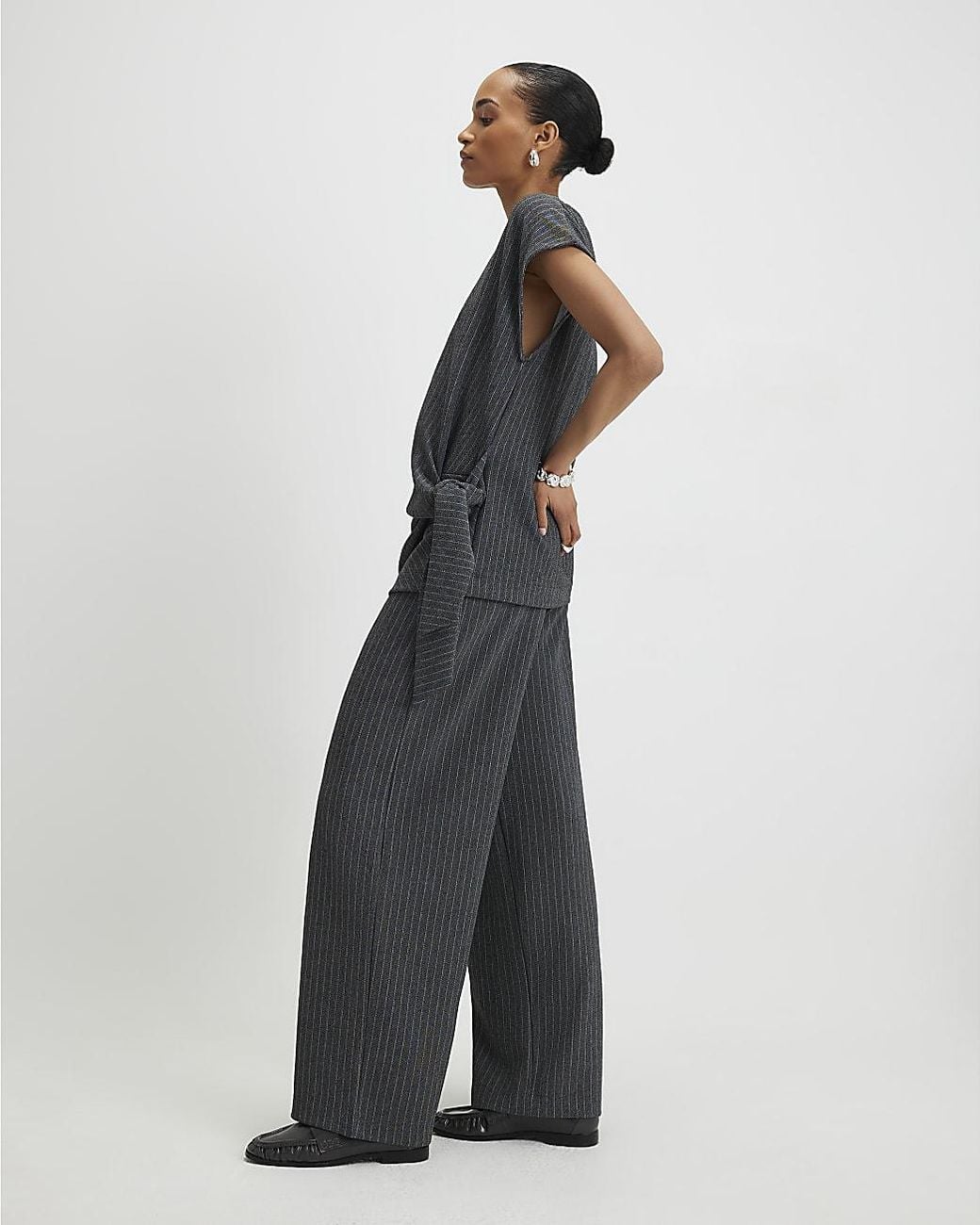 River Island Blue Wide Leg Trousers Pinstripe Drawstring