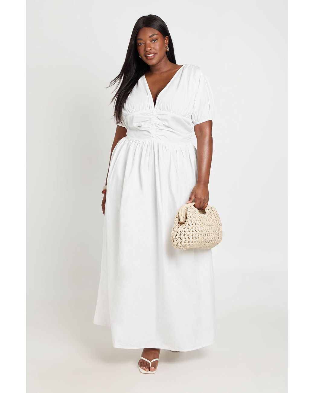 Boohoo White Plus Ruched Waist Detail Poplin Maxi Dress
