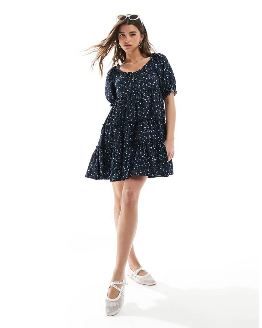 Daisy Street Blue Smock Tiered Mini Dress