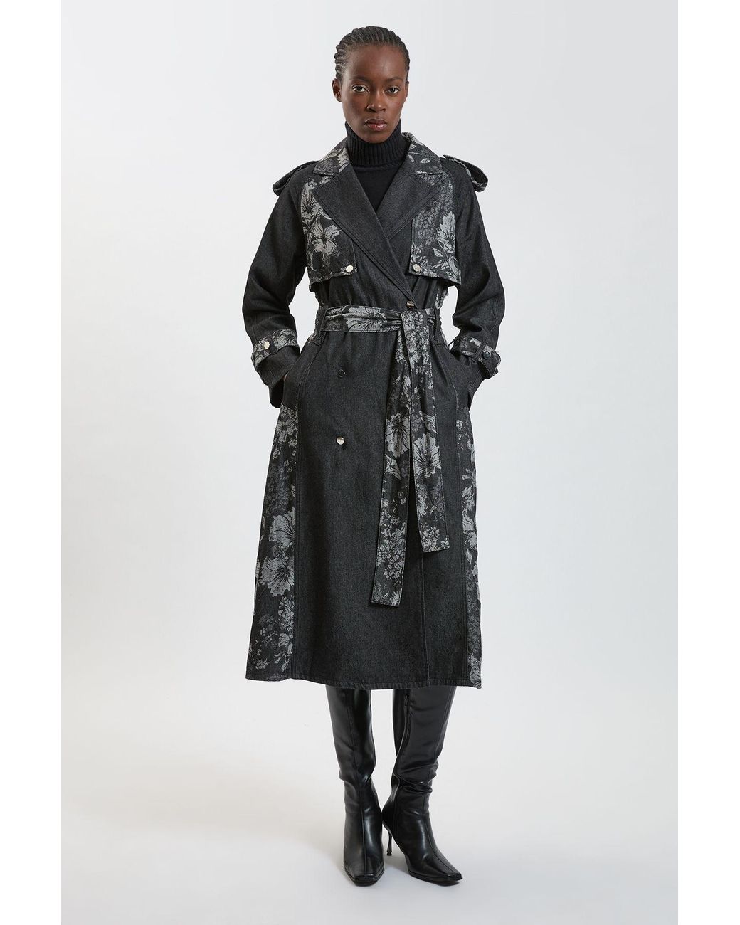 Karen Millen Black Jacquard Denim Trench Coat
