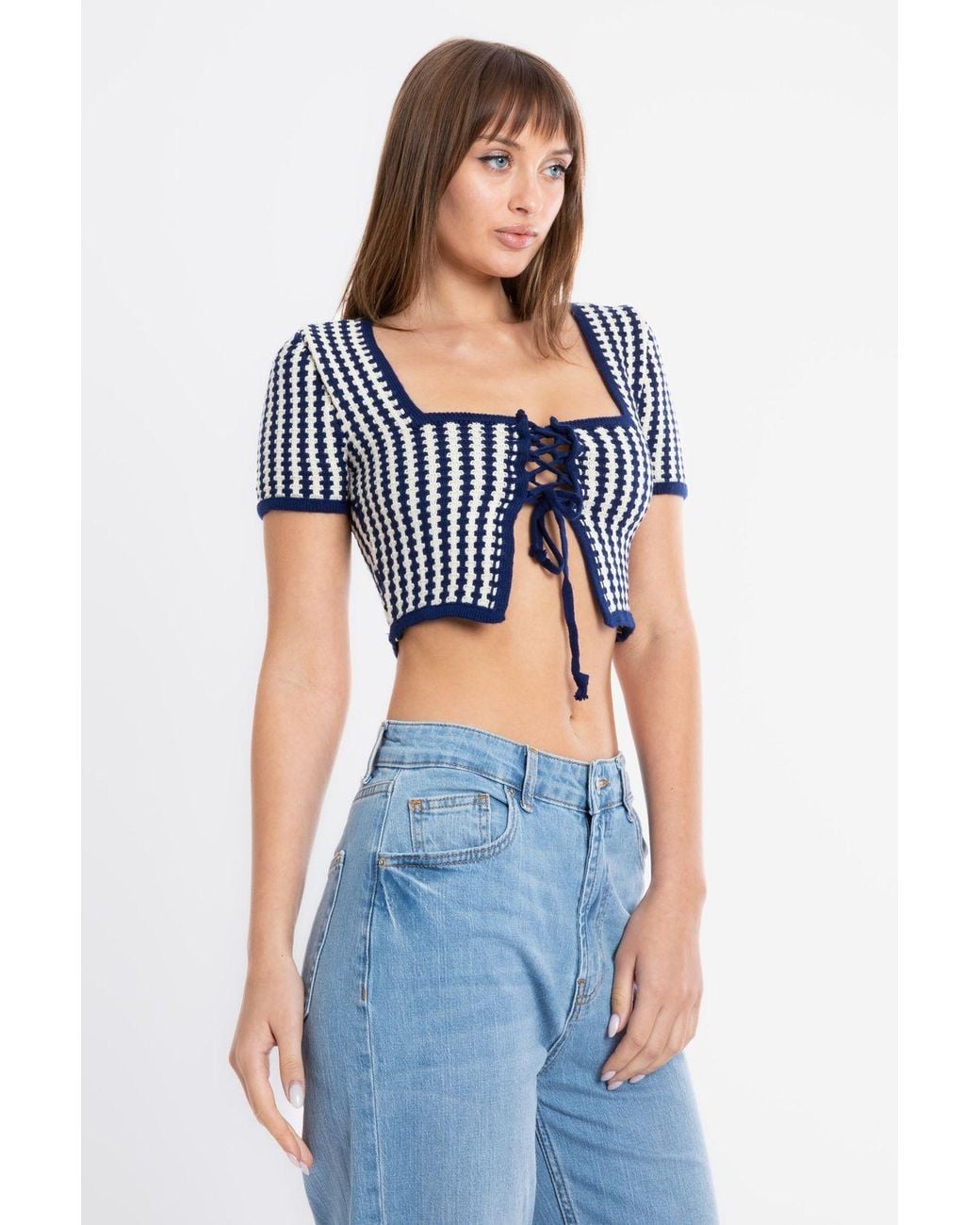 Hiccup Blue Geometric Square Neck Lace Up Short Sleeve Cropped Cardigan