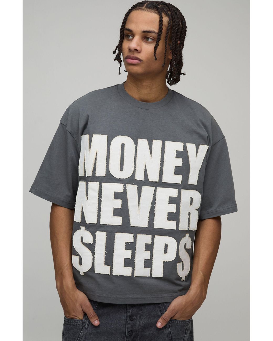 BoohooMAN Gray Oversized Boxy Money Slogan Distressed Applique T-Shirt for men