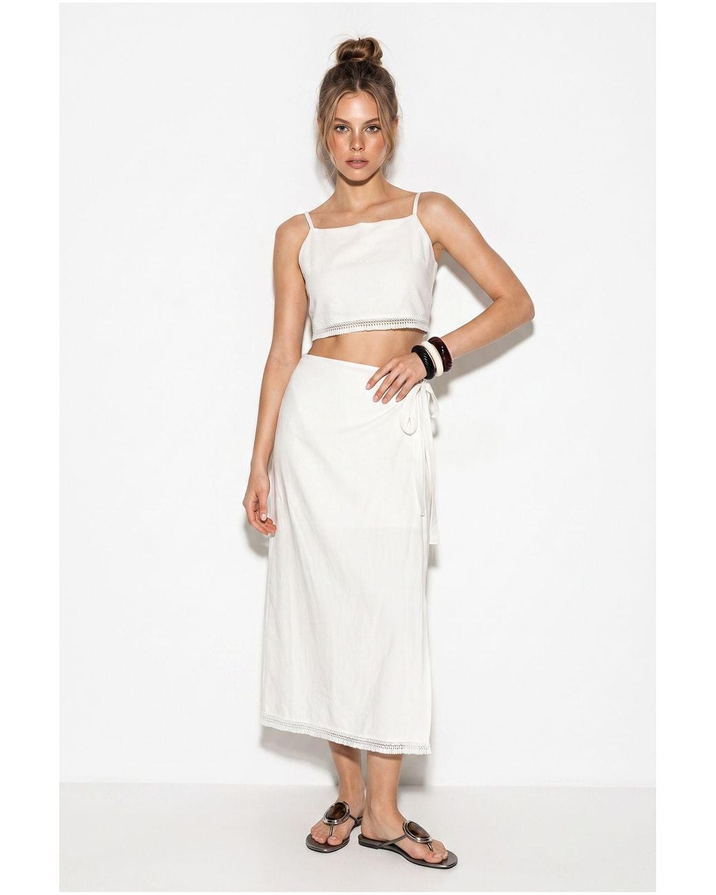 Bianco Lucci White Two-Piece Viscose Cotton Blouse And Skirt Set