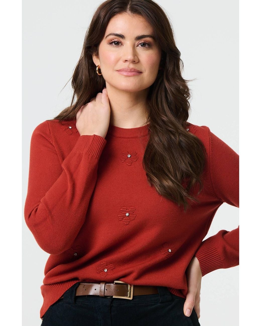 Izabel London Red Floral Gemstone Embellished Jumper