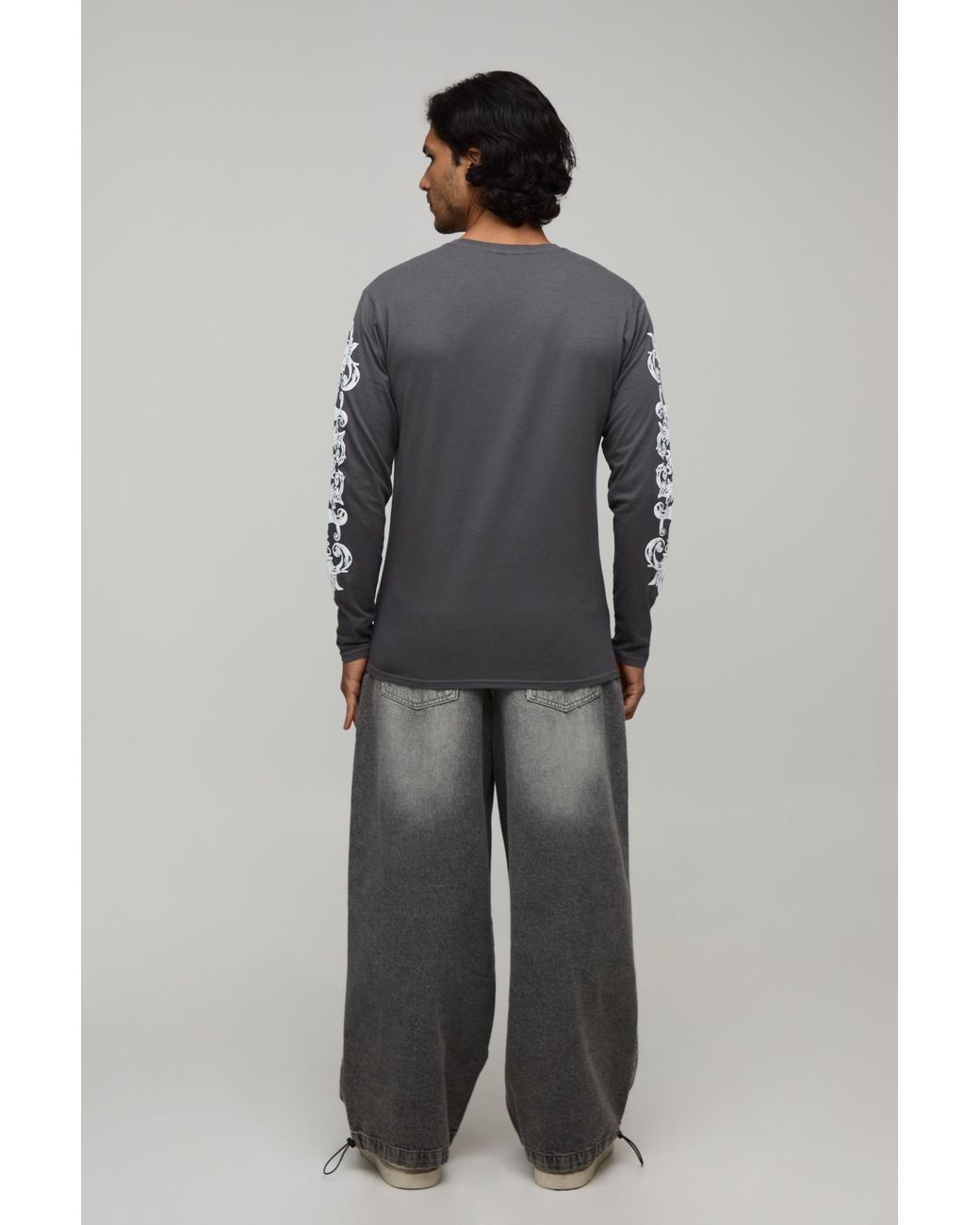 BoohooMAN Gray Regular Gothic Sleeve Print Long T-Shirt Cotton for men