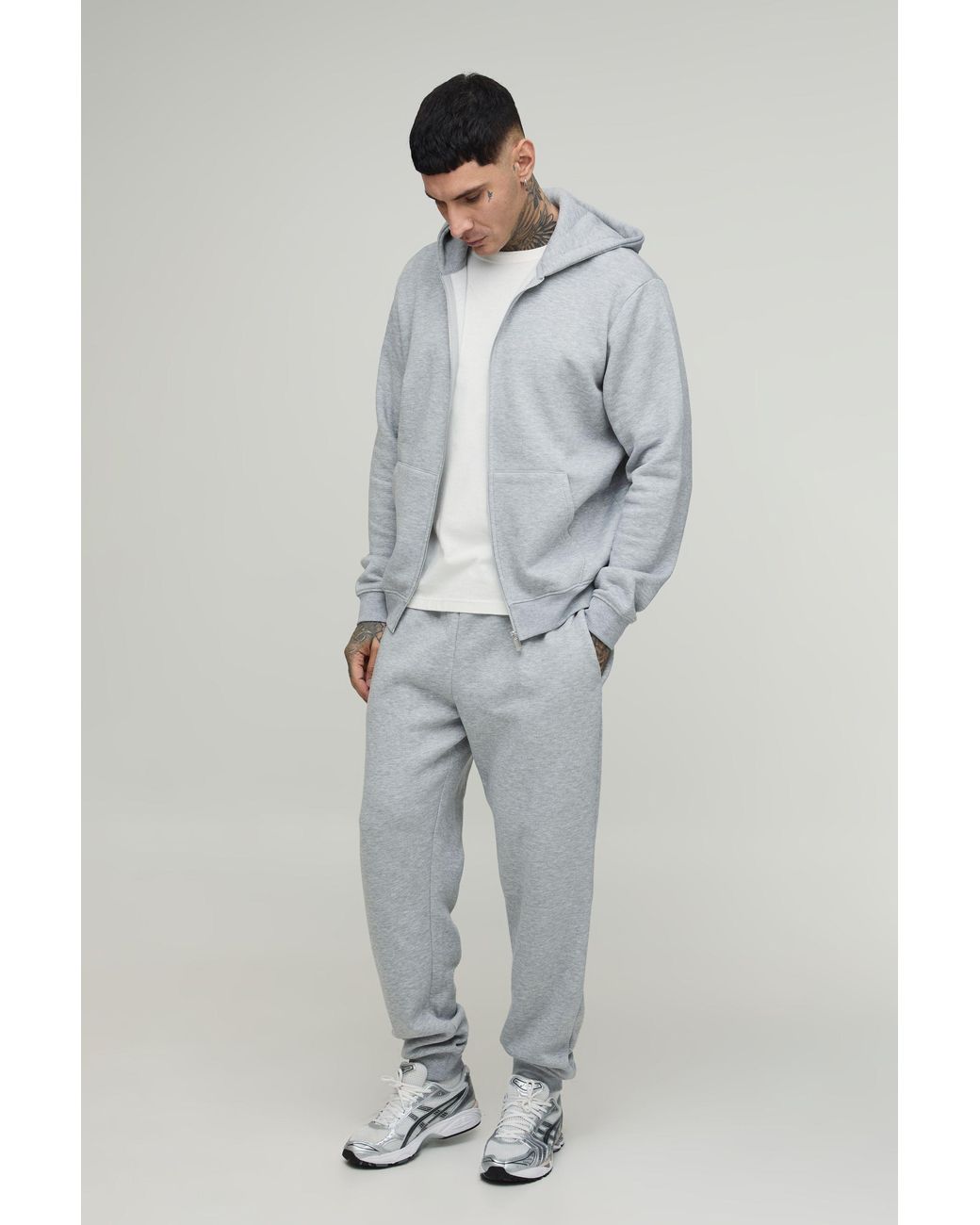 BoohooMAN Gray Tall Regular Zip Through Hooded And Straight Leg Cuffed Jogger for men