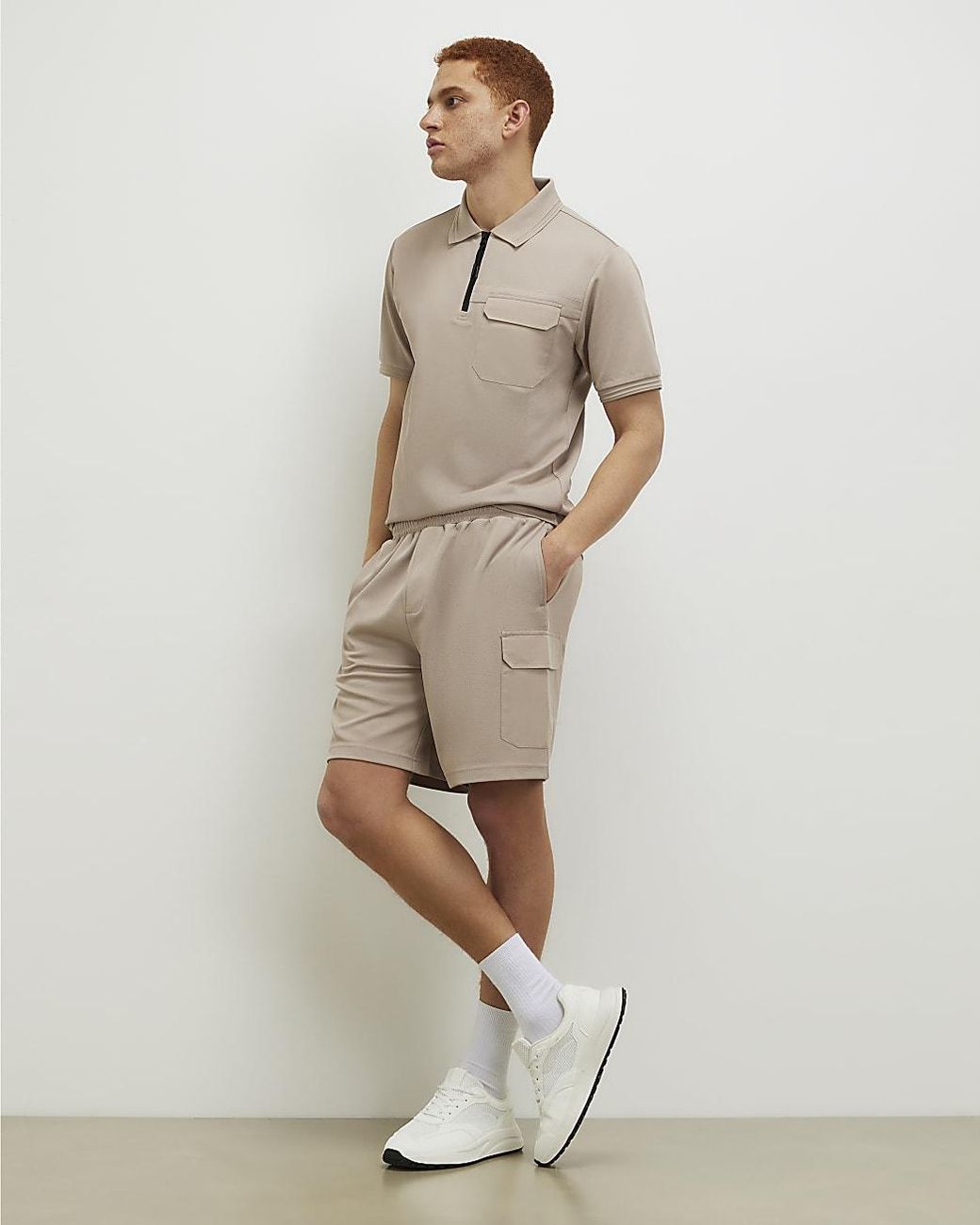 River Island Natural Polo Shirt Cream Slim Fit Nylon Pocket Collared for men