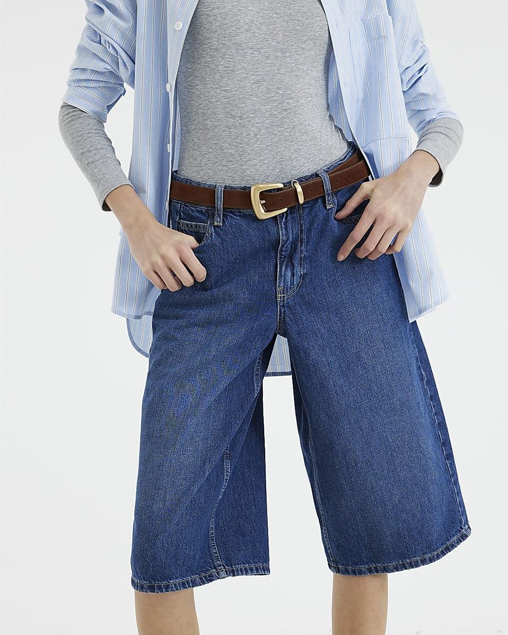 River Island Blue Longline Jorts Denim Button Zip Cotton