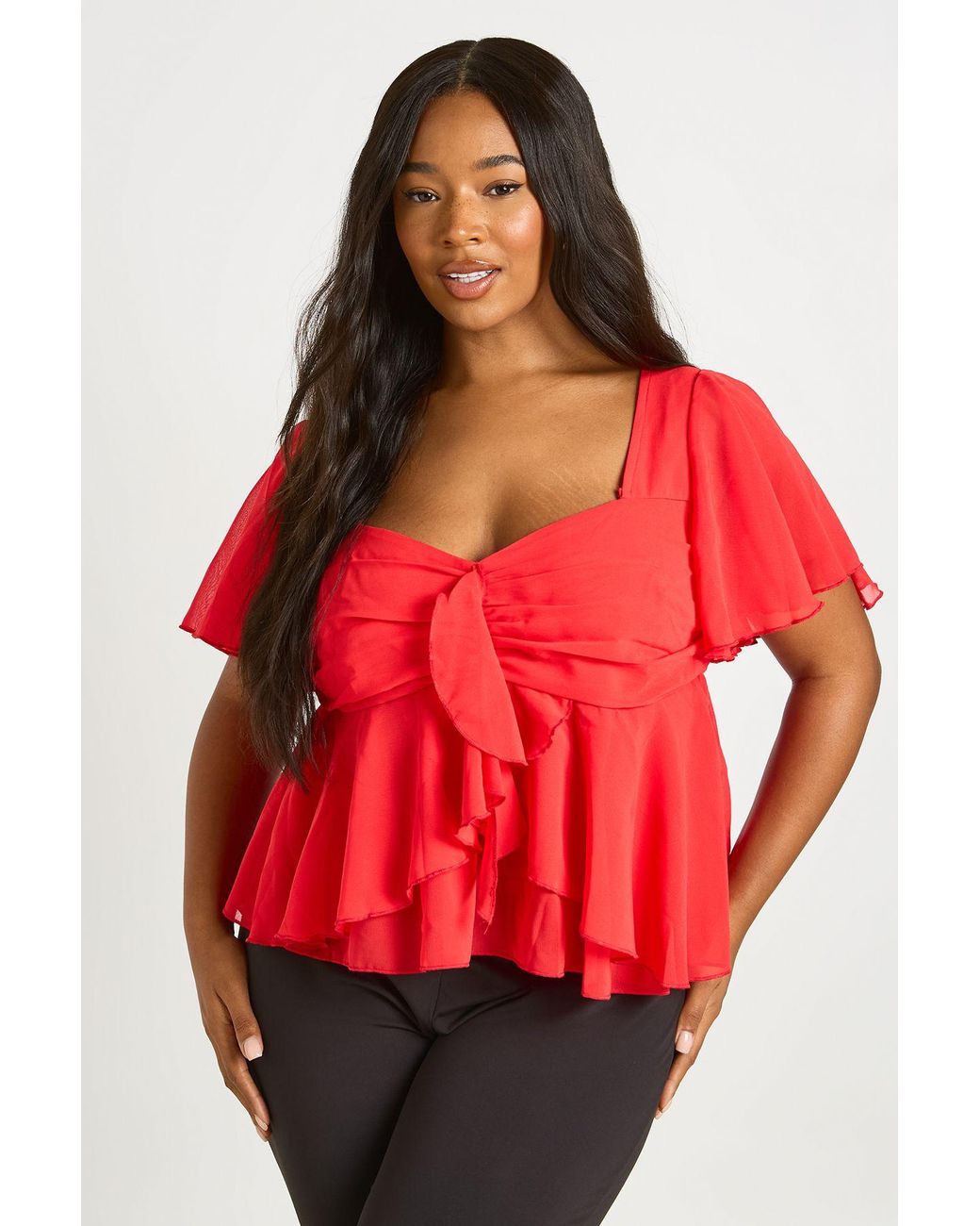 Boohoo Red Plus Angel Sleeve Ruffle Top