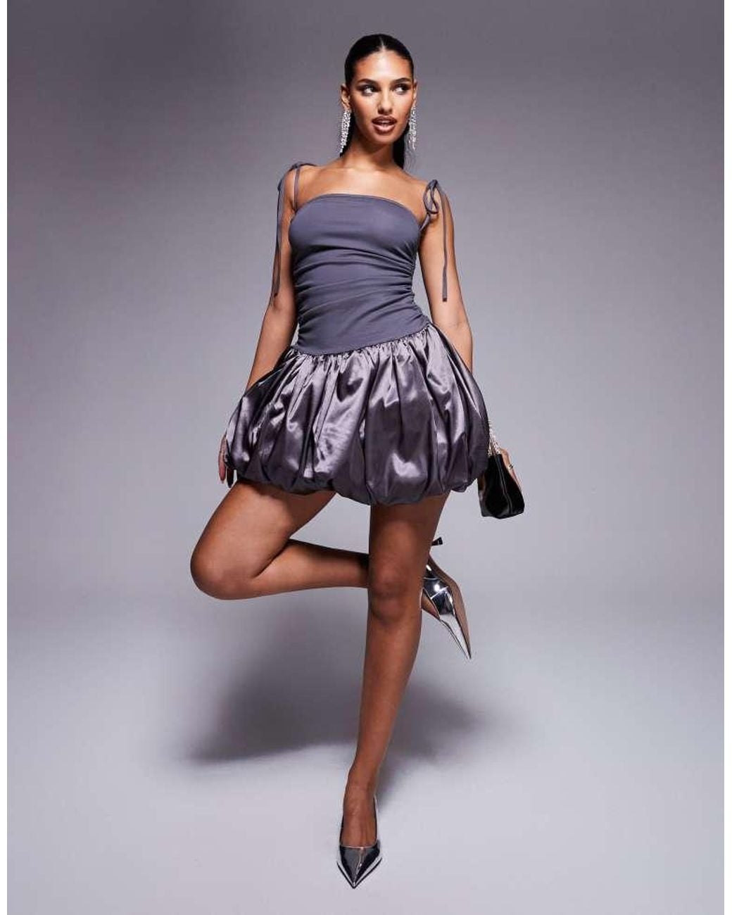 Amy Lynn Blue Alexa Satin Tie Shoulder Puffball Ultra Mini Dress