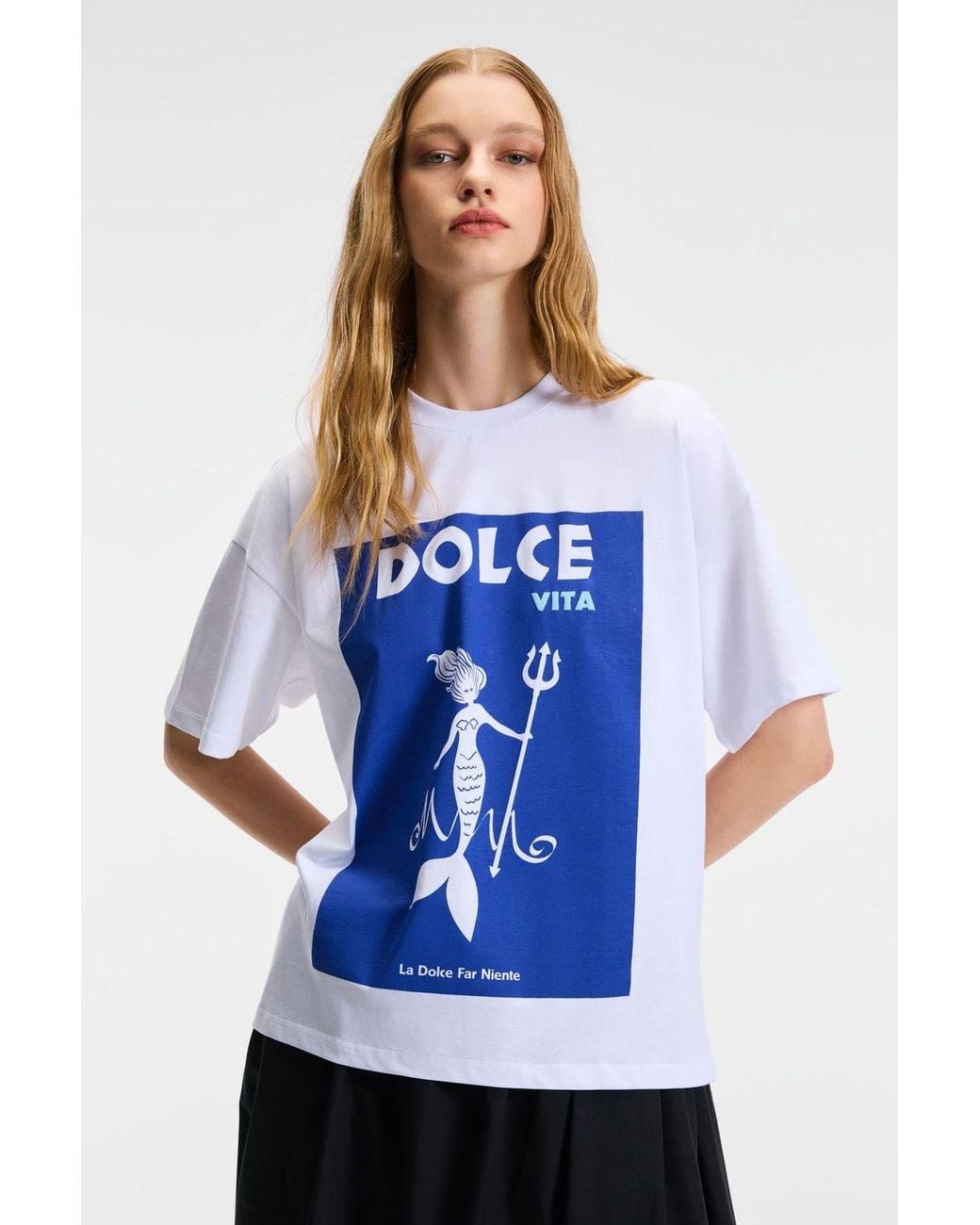 Grimelange Blue Oversized Printed Crew Neck T-Shirt