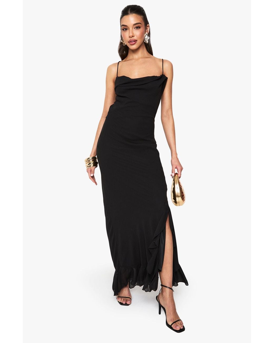 Boohoo Black Chiffon Cowl Neck Maxi Dress