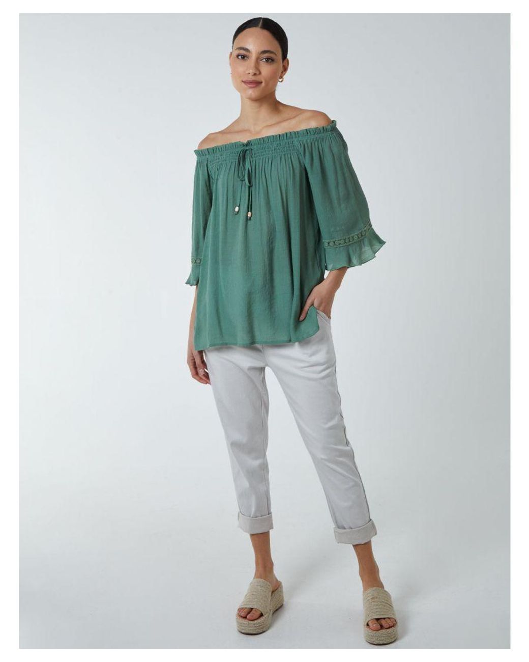 Blue Vanilla Green Bardot Tie Front Top