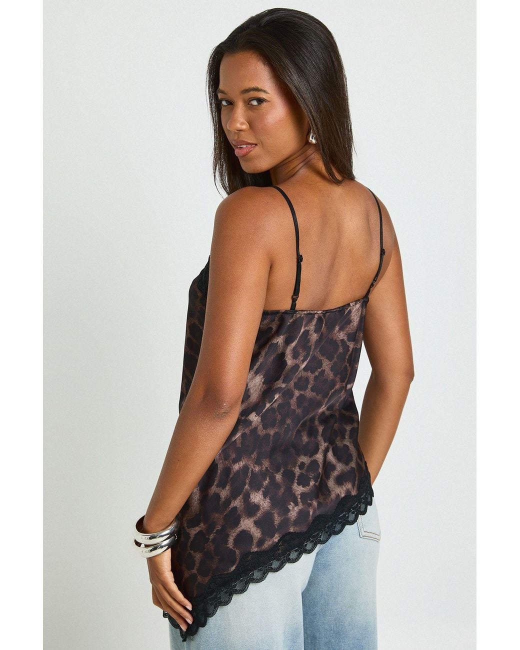 Boohoo Black Satin Lace Mix Asymmetric Cami