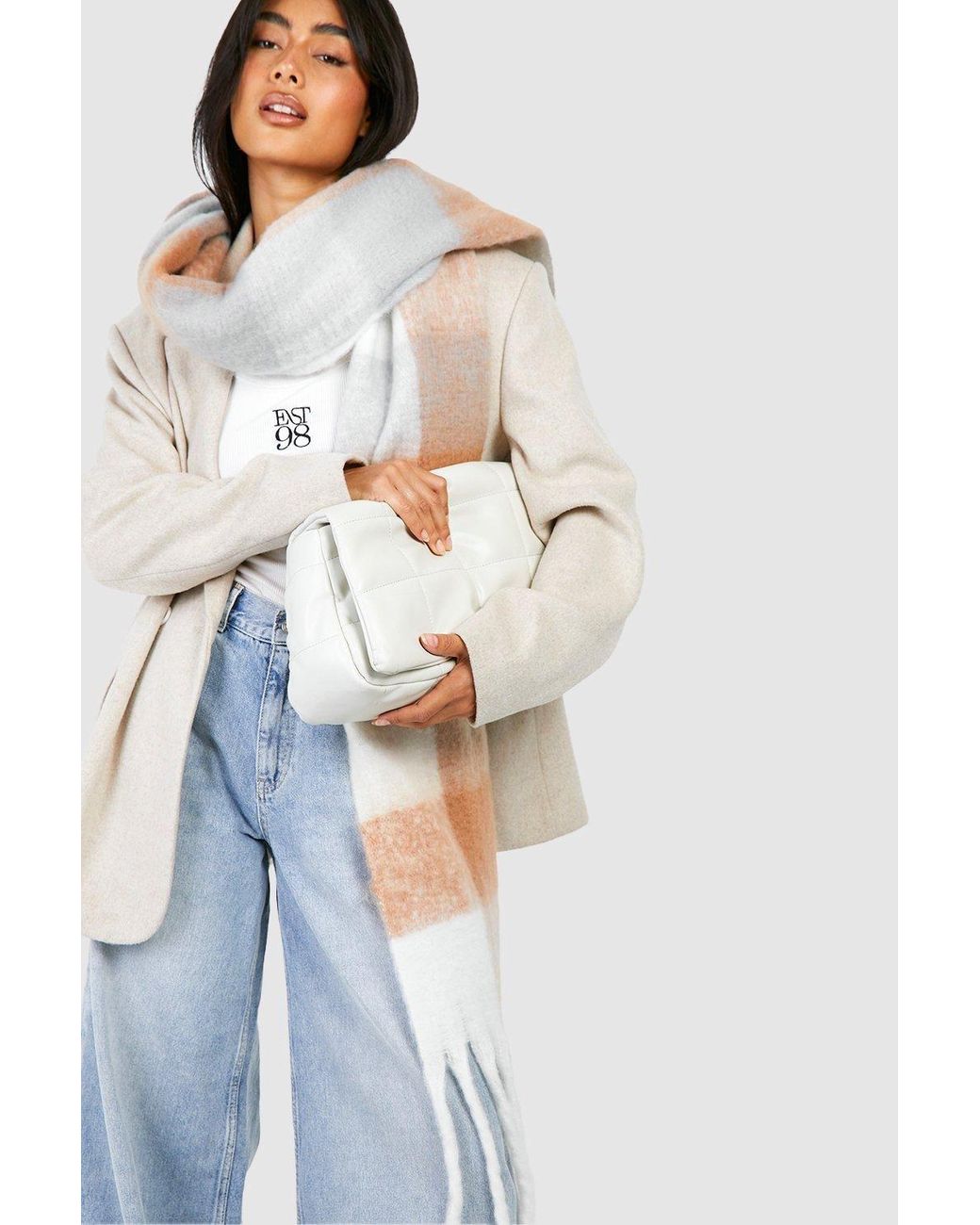 Boohoo Blue Check Fringe Scarf