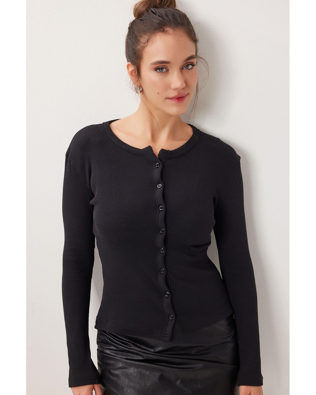 Happiness İstanbul Black Slim Fit Ribbed Knit Cardigan