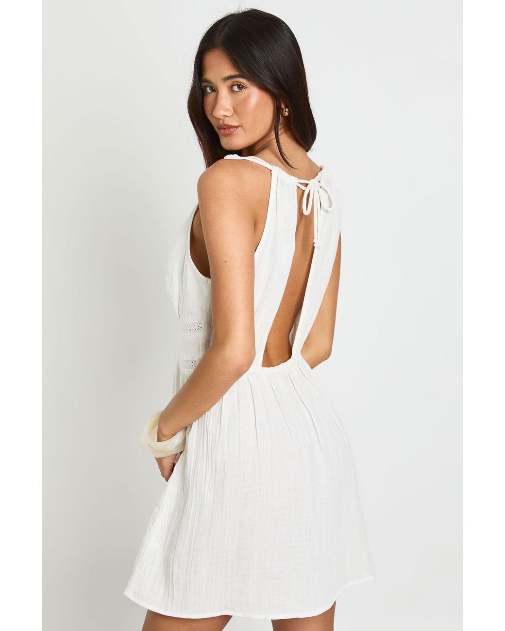 Boohoo White Textured Lace Trim Mini Dress