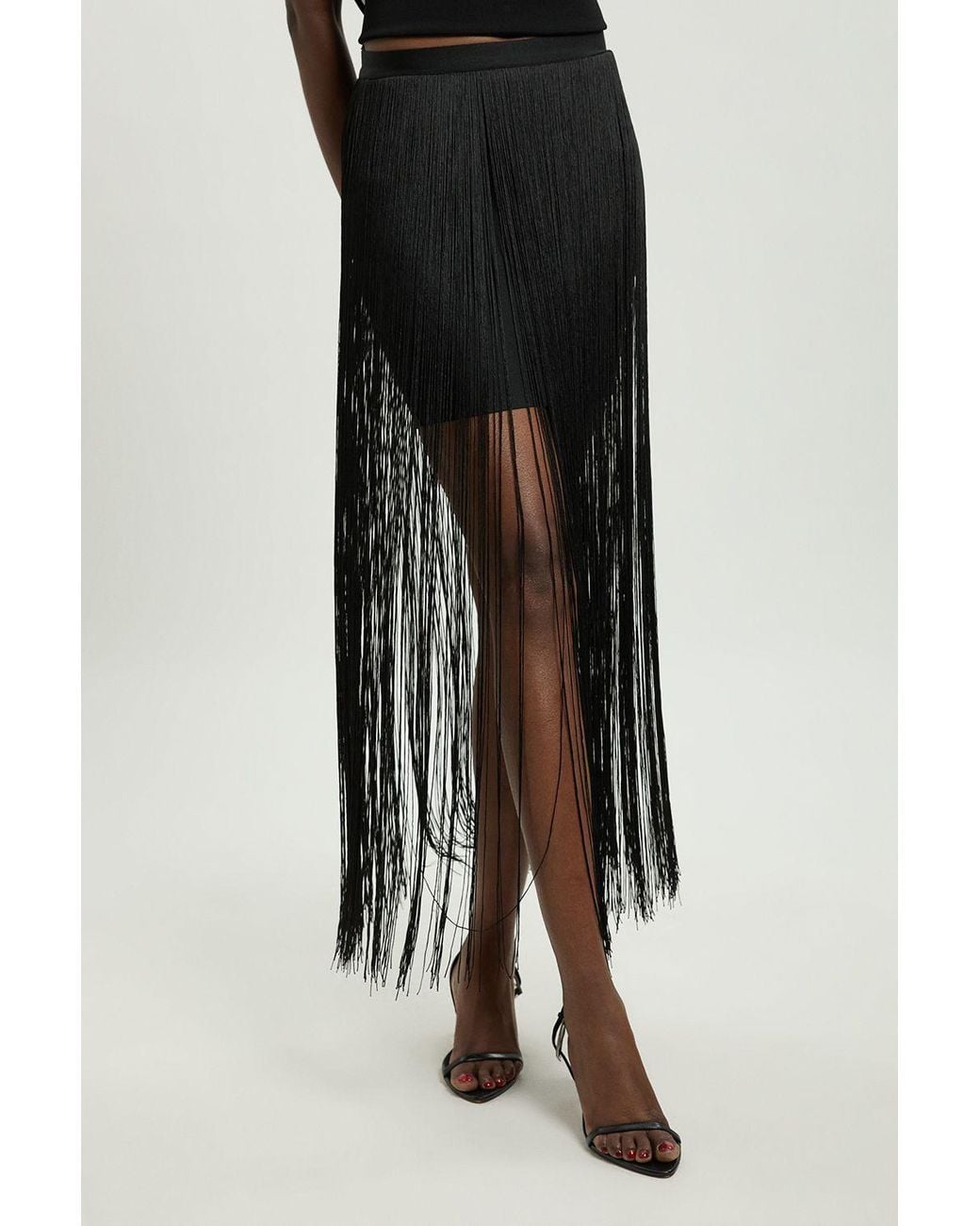 Karen Millen Black Fringe Bandage Midi Skirt
