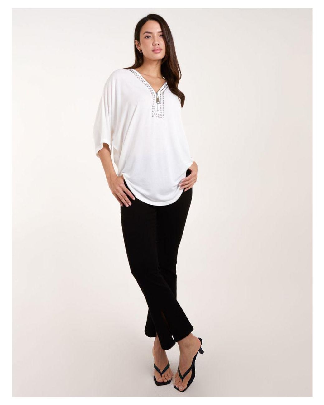 Blue Vanilla White Studded Zip Front Top