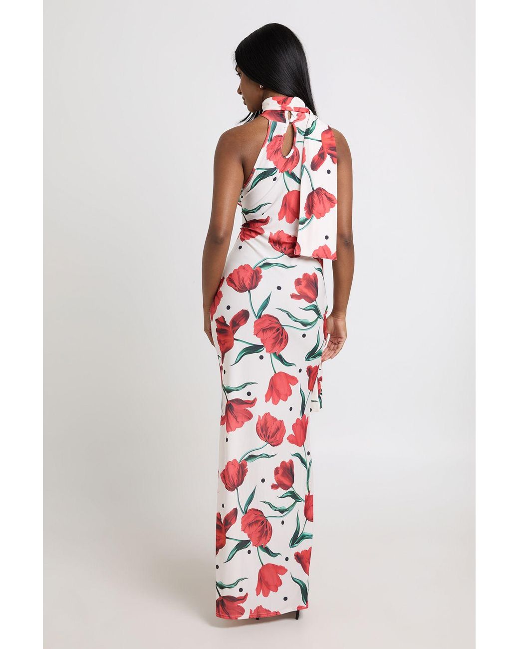Boohoo Red Tonal Floral Polka Dot Print Scarf Detail Maxi Dress