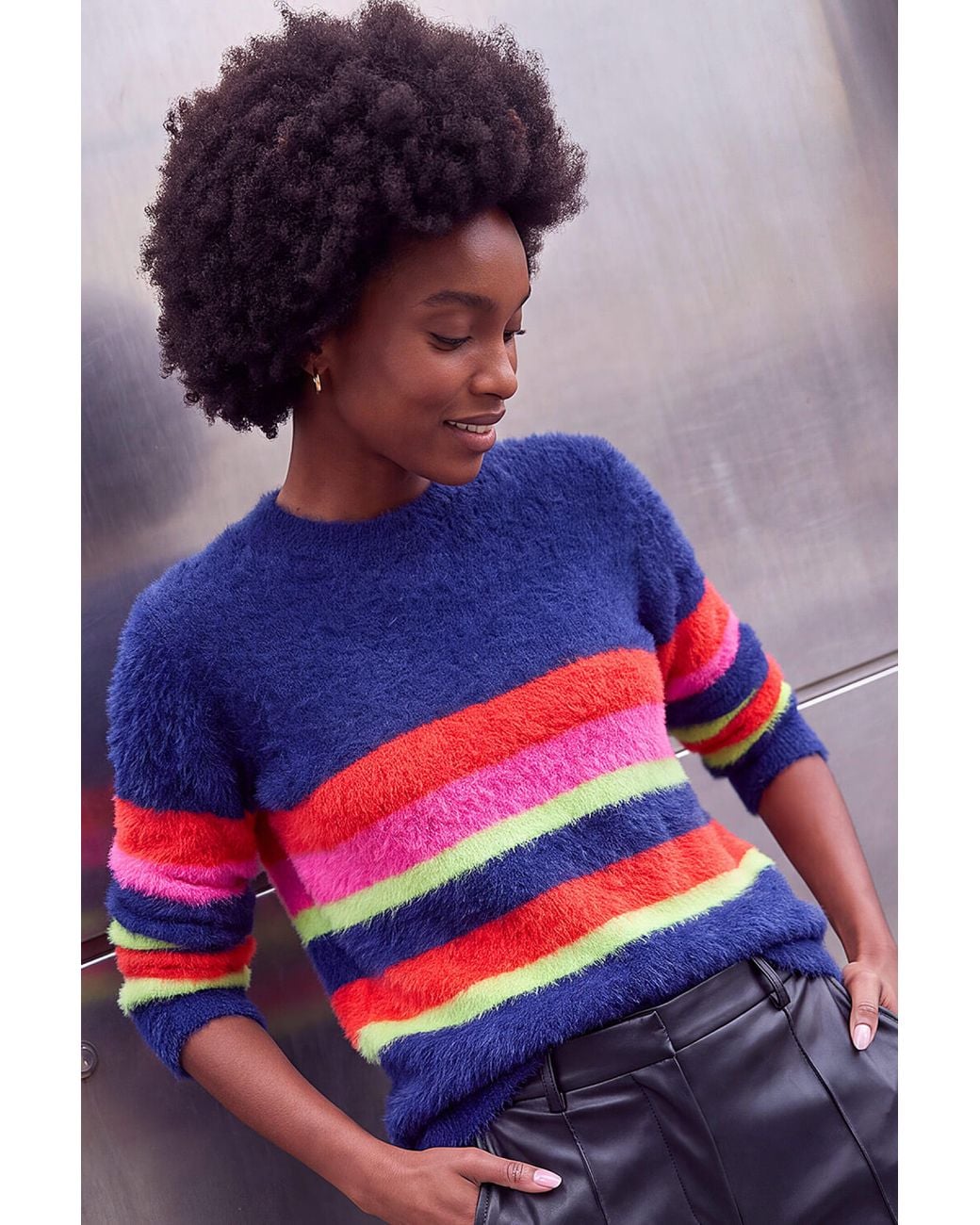 Roman Blue Fluffy Stripe Knit Jumper