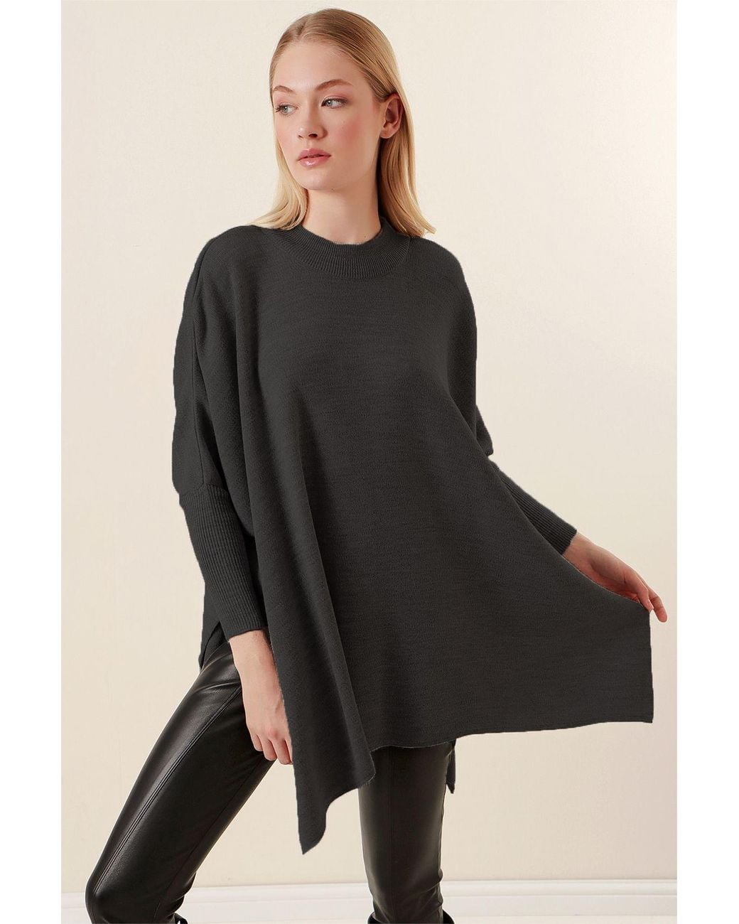 Bigdart Black Slit Detailed Half Turtleneck Loose Sweater