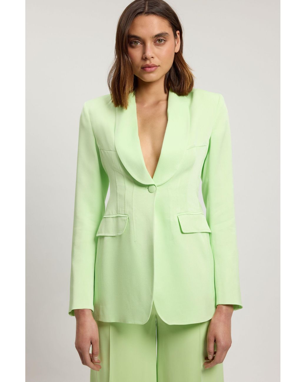 Karen Millen Green Structured Satin Viscose Tailored Blazer