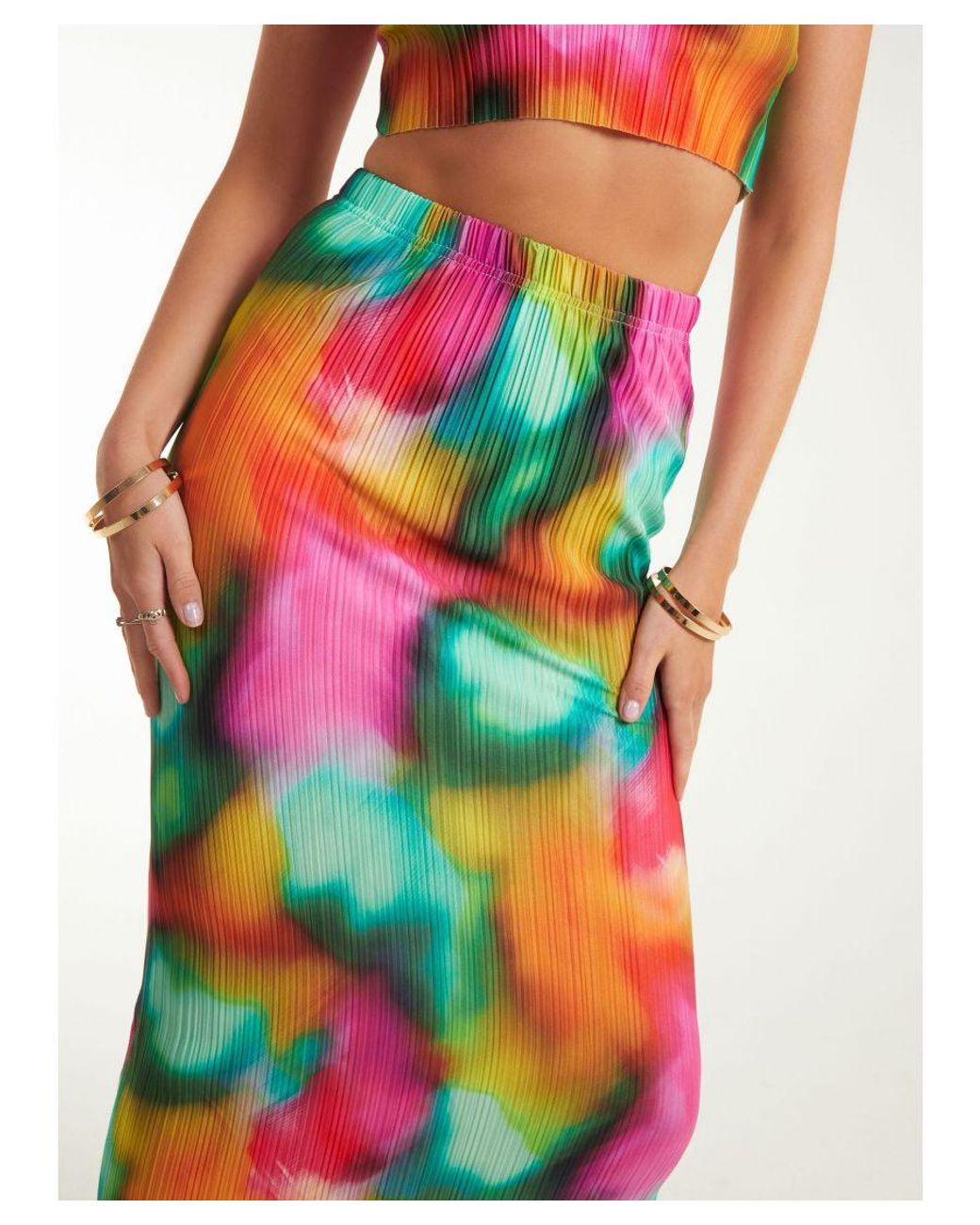 Pink Vanilla White Plisse Graphic Print Maxi Skirt