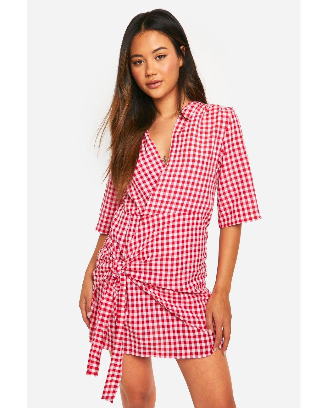 Boohoo Textured Gingham Wrap Dress