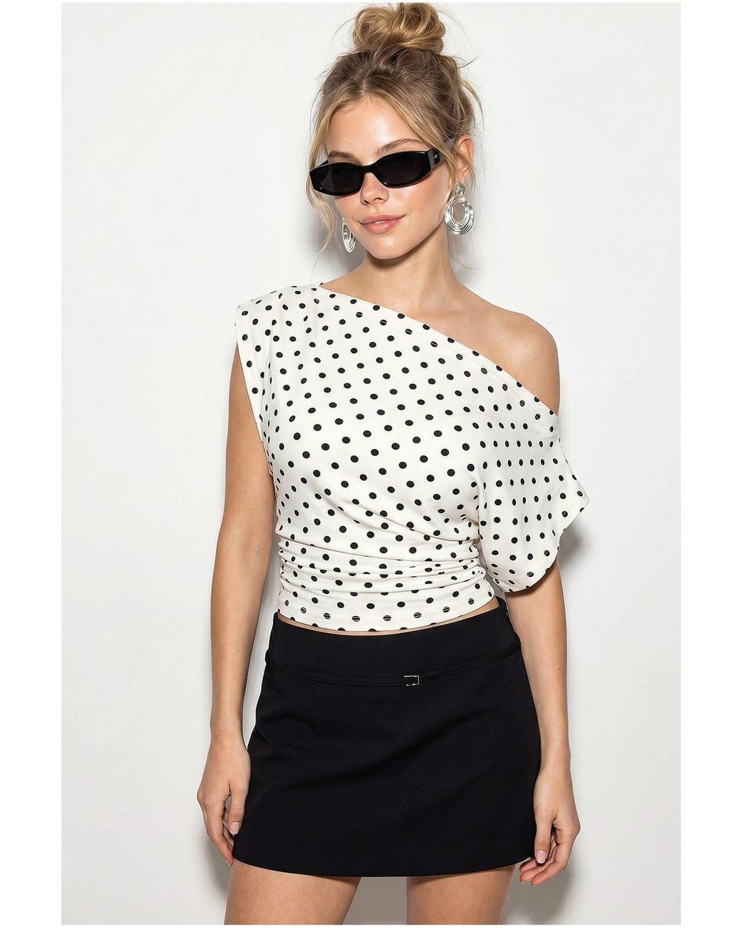 Bianco Lucci White Off-Shoulder Polka Dot Crop Blouse