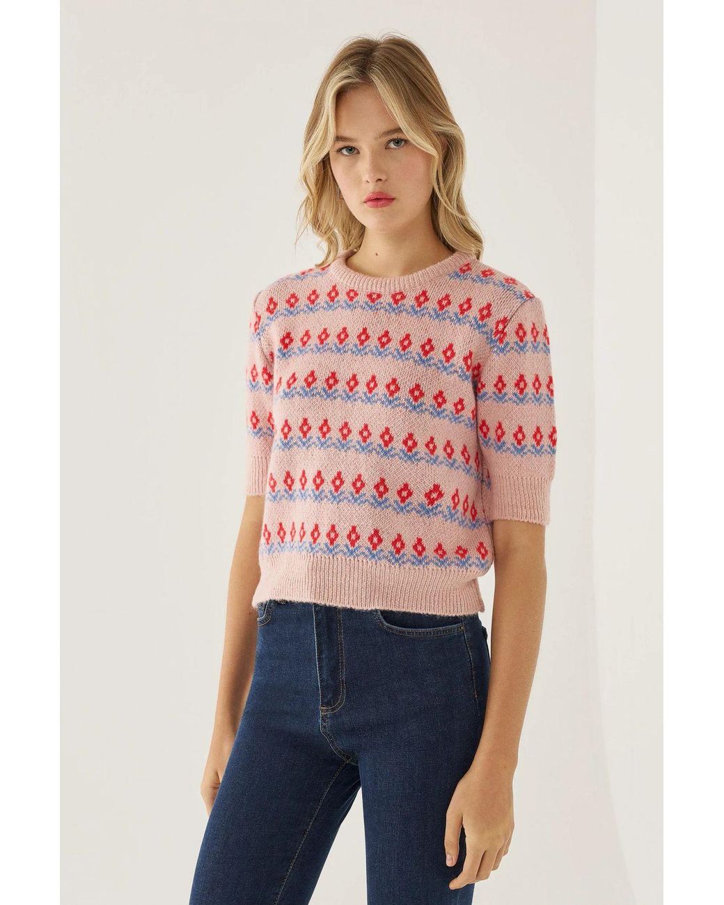 Hiccup Pink Patterned Short Sleeve Knit Sweater