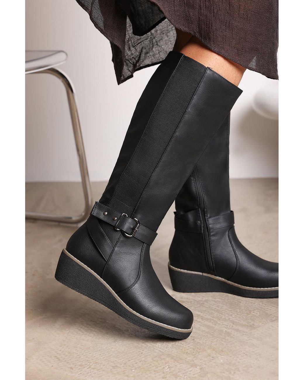 Where's That From Black Wheres 'Regina' Faux Leather Knee High Wedge Boots With Strap And Buckle