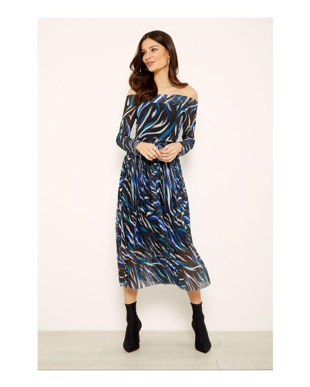 Sosandar Blue Print Mesh Pleat Bardot Dress