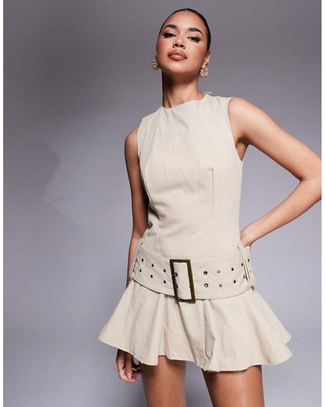 Murci Natural Structured Sleeveless Lace Up Back Belted Flippy Hem Mini Dress